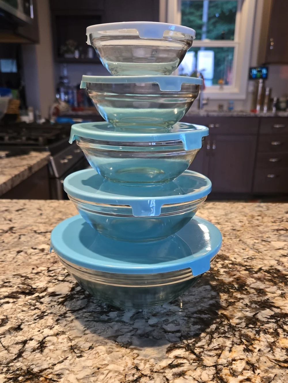 Glass Mixing Bowl Set with Light Blue Lids - 5-Piece